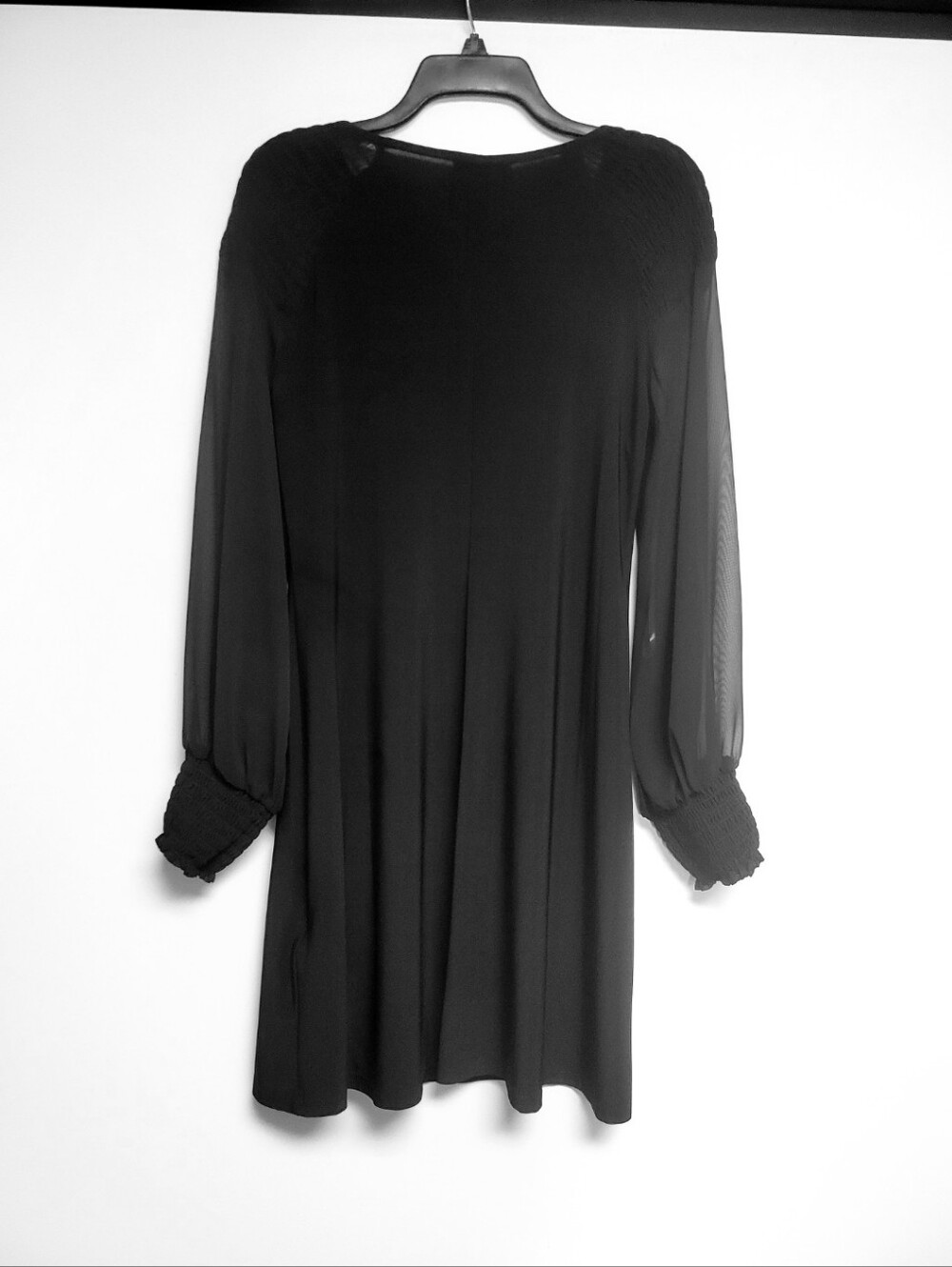 MSK Black Sheer Long-Sleeve Smocked-Yoke A-Line Midi Dress Small - Picture 8 of 8